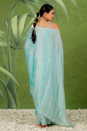light turquoise pre draped chiffon foil work floral printed saree
