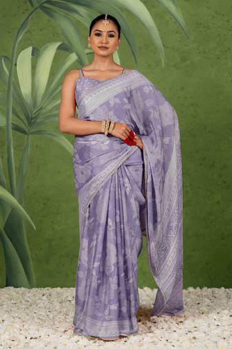 light purple ready to wear chiffon foil work floral printed saree with unstiched blouse piece