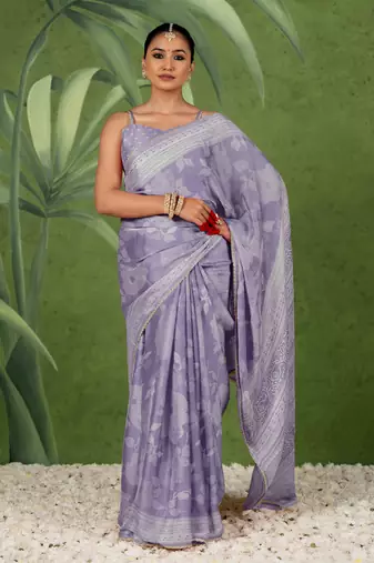 light purple ready to wear chiffon foil work floral printed saree with unstiched blouse piece