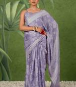 ready to wear light purple chiffon foil work floral printed saree with unstiched blouse piece