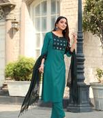 Women Rayon Print Straight Kurta With Pant And Dupatta Suit Set 