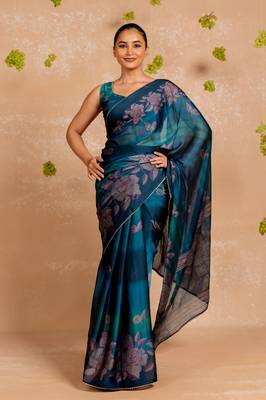 White chiffon abstract warli print  saree with unstitched blouse piece 1