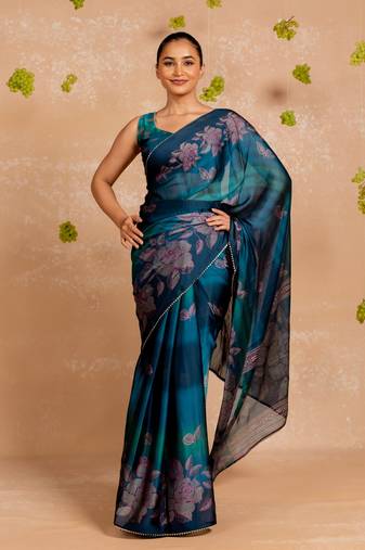 Teal blue chiffon foil foral print gota patti lace border saree with unstitched blouse piece