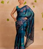 Teal blue chiffon foil foral print gota patti lace border saree with unstitched blouse piece