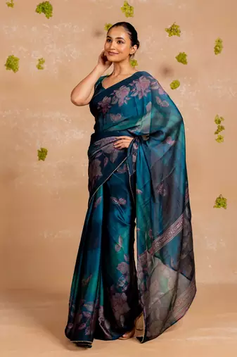 White chiffon abstract warli print  saree with unstitched blouse piece