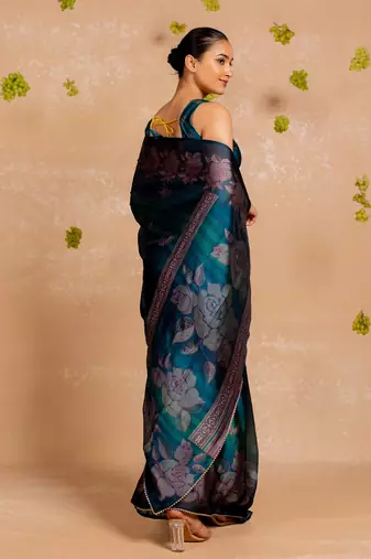 White chiffon abstract warli print  saree with unstitched blouse piece