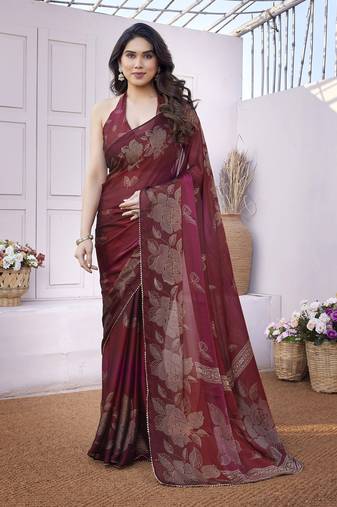 Maroon chiffon foil foral print gota patti lace border saree with unstitched blouse piece