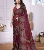 Maroon chiffon foil foral print gota patti lace border saree with unstitched blouse piece