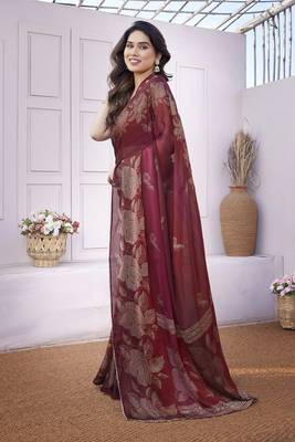 Maroon chiffon foil foral print gota patti lace border saree with unstitched blouse piece 3