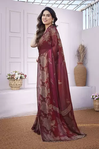 Maroon chiffon foil foral print gota patti lace border saree with unstitched blouse piece