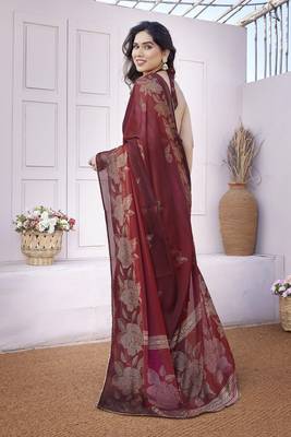 Maroon chiffon foil foral print gota patti lace border saree with unstitched blouse piece 4