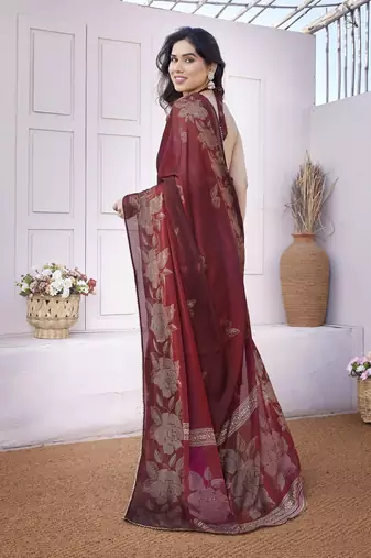 Maroon chiffon foil foral print gota patti lace border saree with unstitched blouse piece