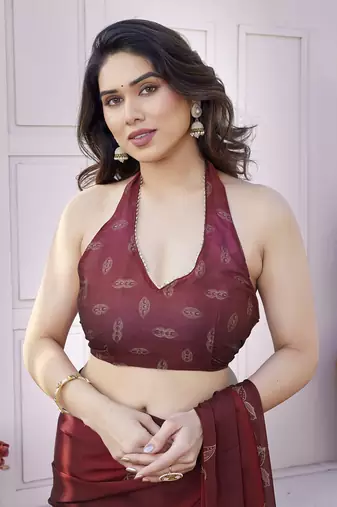 Maroon chiffon foil foral print gota patti lace border saree with unstitched blouse piece