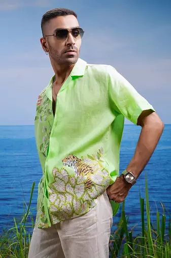 Tropical oasis cuban embroidered linen shirt