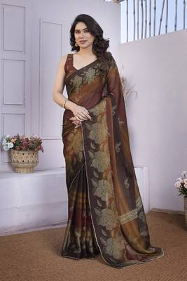 Brown chiffon foil foral print gota patti lace border saree with unstitched blouse piece 1