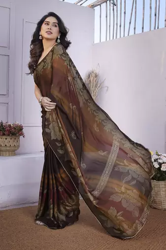 Brown chiffon foil foral print gota patti lace border saree with unstitched blouse piece