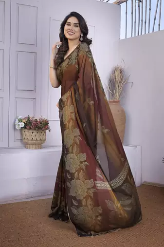 Brown chiffon foil foral print gota patti lace border saree with unstitched blouse piece