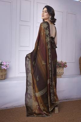 Brown chiffon foil foral print gota patti lace border saree with unstitched blouse piece 4