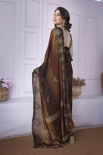 Brown chiffon foil foral print gota patti lace border saree with unstitched blouse piece