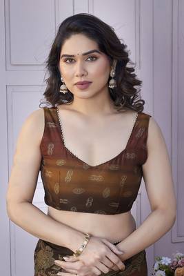 Brown chiffon foil foral print gota patti lace border saree with unstitched blouse piece 5