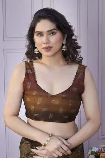 Brown chiffon foil foral print gota patti lace border saree with unstitched blouse piece