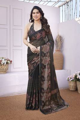 Black chiffon foil foral print gota patti lace border saree with unstitched blouse piece 1