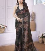 Black chiffon foil foral print gota patti lace border saree with unstitched blouse piece