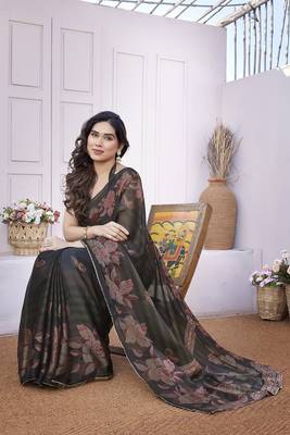 Black chiffon foil foral print gota patti lace border saree with unstitched blouse piece 2