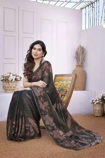 Black chiffon foil foral print gota patti lace border saree with unstitched blouse piece