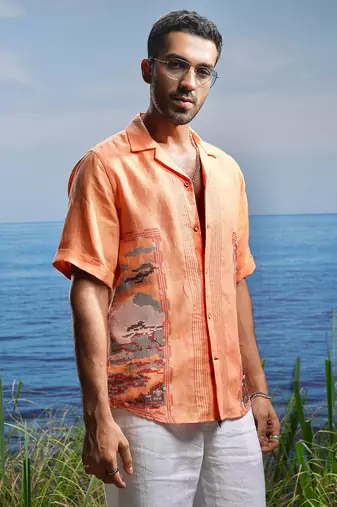 Sunset stitch tapestry embroidered linen shirt