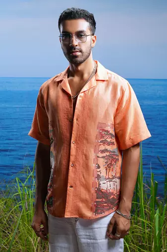 Sunset stitch tapestry embroidered linen shirt