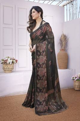 Black chiffon foil foral print gota patti lace border saree with unstitched blouse piece 3