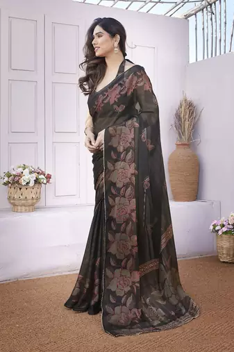 Black chiffon foil foral print gota patti lace border saree with unstitched blouse piece