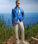 Blue crane tapestry embroidered  linen shirt