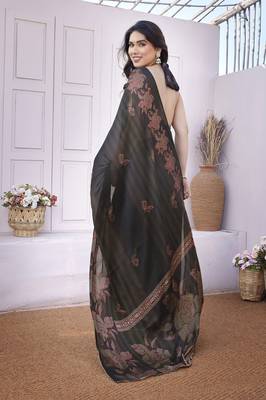 Black chiffon foil foral print gota patti lace border saree with unstitched blouse piece 4