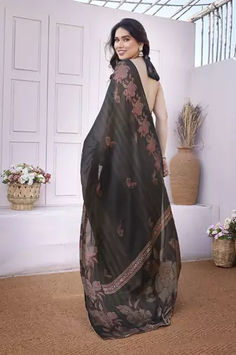 Black chiffon foil foral print gota patti lace border saree with unstitched blouse piece