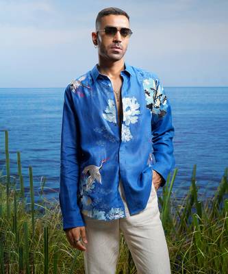 Blue crane tapestry embroidered  linen shirt 2