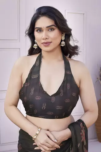 Black chiffon foil foral print gota patti lace border saree with unstitched blouse piece