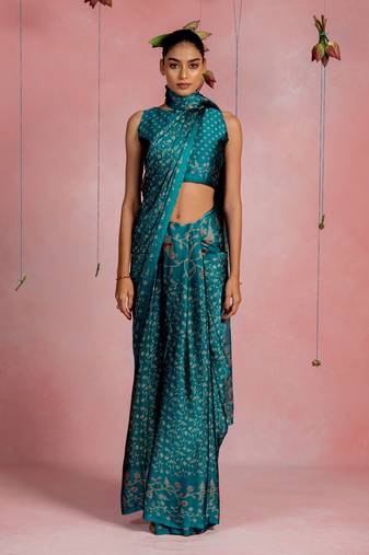 Teal chiffon floral print  saree with unstitched blouse piece