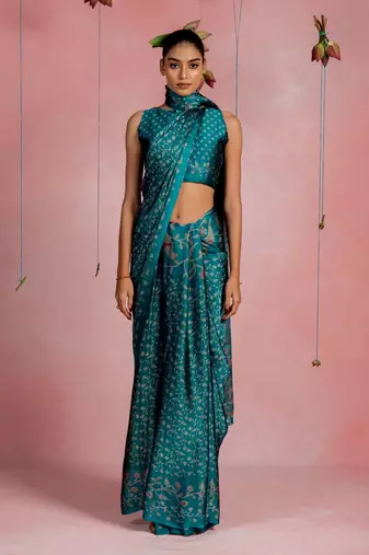 Teal chiffon floral print  saree with unstitched blouse piece