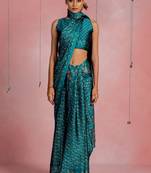 Teal chiffon floral print  saree with unstitched blouse piece