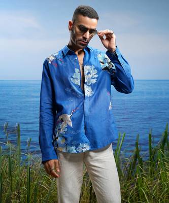 Blue crane tapestry embroidered  linen shirt 4