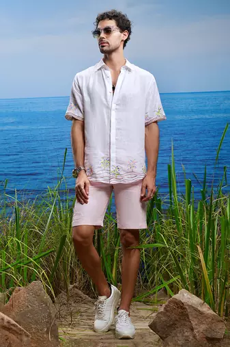 Palm oasis embroidered linen shirt