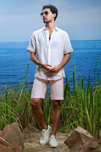 Palm oasis embroidered linen shirt