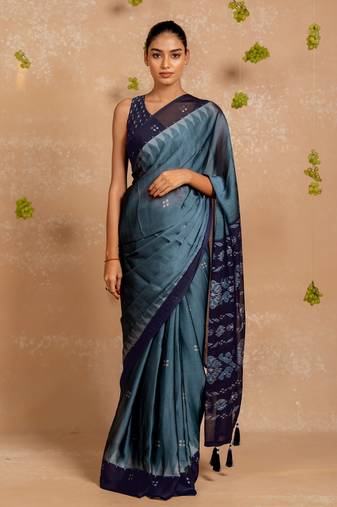 Dark dusty blue chiffon floralbadhani print  saree with unstitched blouse piece