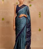 Dark dusty blue chiffon floralbadhani print  saree with unstitched blouse piece