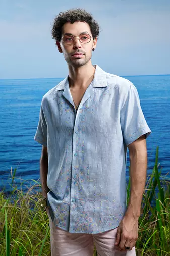 Oceanic calm cuban embroidered linen shirt.