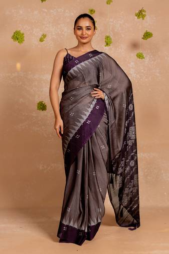 Dusty wine chiffon floralbadhani print  saree with unstitched blouse piece