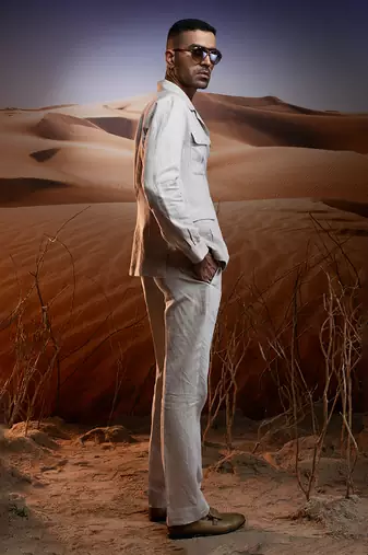 Desert oasis herringbone linen safari suit