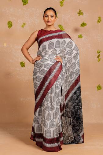 White chiffon abstract warli print  saree with unstitched blouse piece